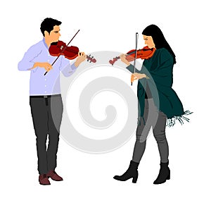 Young man and woman playing violin in duet illustration isolated on white. Classic music performer concert.