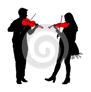 Young man and woman playing violin in duet  silhouette isolated on white. Classic music performer concert. Musician artist.