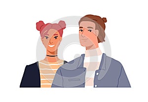 Young man and woman portrait. Love romantic couple of modern trendy people. Two happy smiling male and female characters