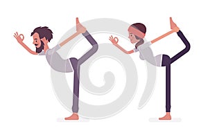 Young man, woman practicing yoga, Lord of the Dance pose