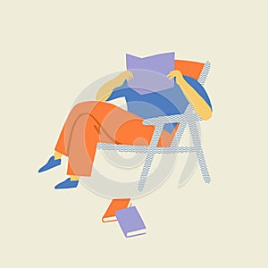 Young man or woman reads a book seats in the comfy chair illustration in vector.