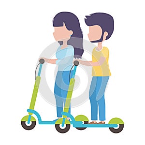 Young man and woman riding electric scooter healthy lifestyle