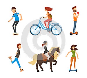 Young Man and Woman Roller Skating, Riding Horse, Bicycle, Hoverboard and Skateboard Along the Road Vector Set