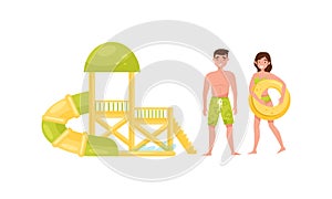 Young Man and Woman with Rubber Ring and Water Slide as Tropical Rest and Beach Resort Vector Set