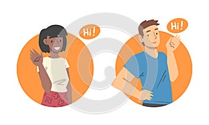 Young man and woman saying Hi. Smiling people doing greeting gesture cartoon vector illustration