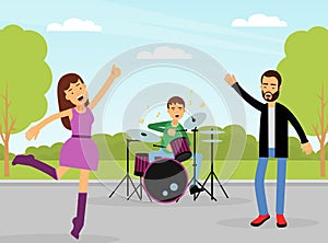 Young Man and Woman Singing and Playing Musical Instrument on the Street Enjoying Hobby Activity Vector Illustration