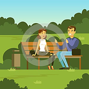 Young man and woman sitting on the bench in the park and talking, flat vector illustration