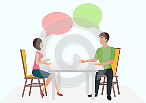 Young man and woman are sitting at the table and have conversation. Male female talking dialogue chats. Vector