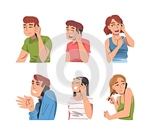 Young Man and Woman Speaking Phone Talking to Someone Vector Set