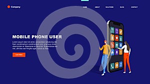 Young man and woman are standing near big smartphone and using smart phones. Template for web banner, landing page. Flat