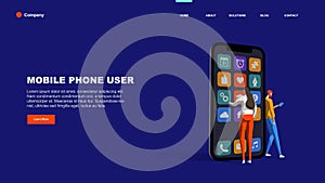 Young man and woman are standing near big smartphone and using smart phones. Template for web banner, landing page. Flat