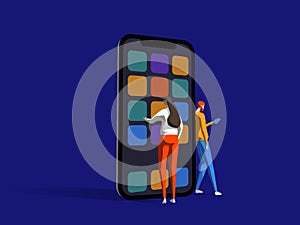 Young man and woman are standing near big smartphone and using smart phones. Template for web banner, landing page. Flat