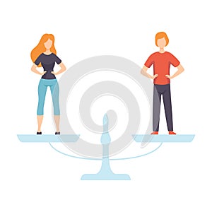 Young Man and Woman Standing on Scales, Equal Rights of People, Gender Equality in Society Vector Illustration