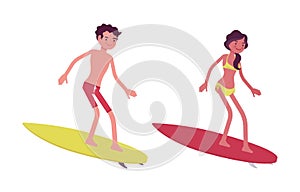 Young man and woman in summer beach outfit, surfing