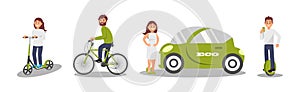 Young Man and Woman Taking Care of the Environment and Using Eco Friendly Transport Vector Illustration Set