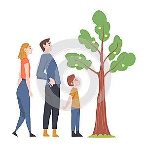 Young Man and Woman with Their Kid Watching Growing Tree Vector Illustration