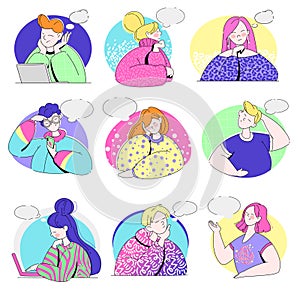 Young Man and Woman Thinking with Empty Thought Bubble Vector Set