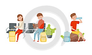 Young Man and Woman Tourist with Luggage Sitting in the Airport and Trekking Travelling on Vacation Vector Set