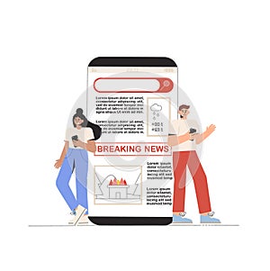 Young man and woman watching breaking news on the phone screen. Flat style vector illustration. Internet media concept