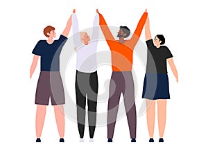 Young man and and women are holding and raising their hands cartoon illustration. Smiling men and women holding hands. Happy