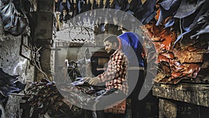 Young man work hard in the leather factory inside the dharavi slum in mumbay