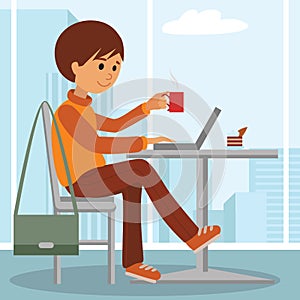 Young man at work. Vector illustration of student coffee break using laptop.