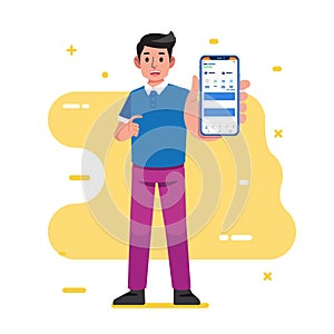 Young man worker stand show phone screen and show Advertising or presentation of mobile applications recommendation apps vector