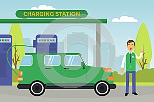 Young Man Working at Charging Station with Electrocar Contributing into Environment Preservation Vector Illustration