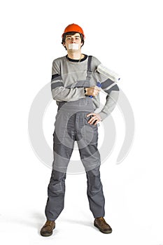 A young man in working grey clothes and orange hard helmet man with tape over mouth. Isolated on white background.