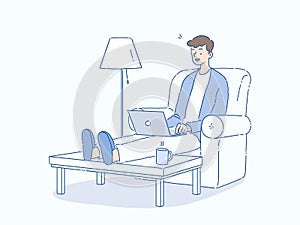 Young Man working from home, freelance workflow on computer, using internet, hand-drawn style vector illustration