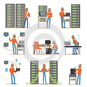 Young man working in network server room. Technician at the data center set of colorful Illustrations