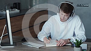 Young man working online from home, while listening to music. Self isolation quarantine concept