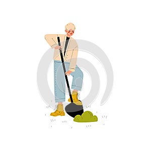 Young Man Working with Shovel in Garden or Farm Vector Illustration