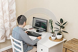 Young man working at a table with a computer on his working place. working at home. freelancer