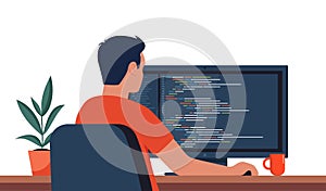 Young man writing code on a desktop computer. Software developer at work. Programming coding script java, digital program code on
