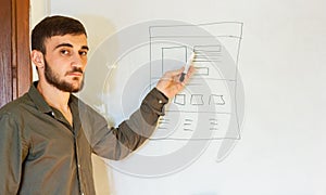 Young man writing on a whiteboard
