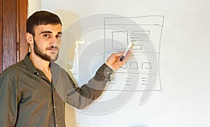 Young man writing on a whiteboard