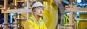 Young man in a yellow work uniform, glasses and helmet in industrial environment,oil Platform or liquefied gas plant