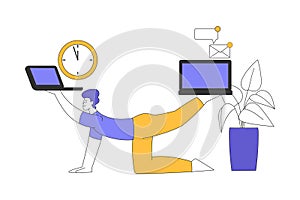 Young Man in Yoga Pose with Laptop in One Hand Multitasking Accomplishing Task Having Deadline Vector Illustration