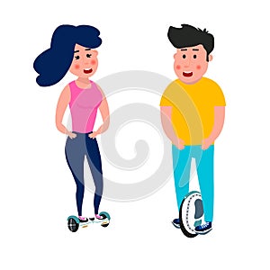 Young man with a young woman ride on a monowheel and a hoverboard. Vector illustration