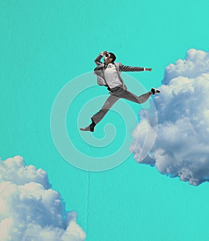 Young manager, finance analyst or clerk jumping, flying in his dreams isolated on light blue background. Collage