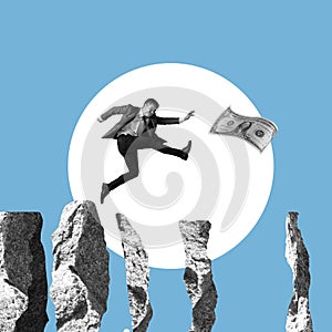 Young manager, finance analyst or clerk jumping at office isolated on light rock background. Collage