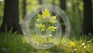 Young maple sapling in sunlight in a lush green forest.