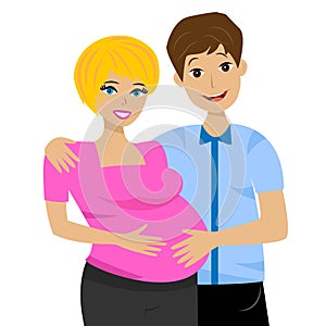 Young married couple in expectant of child on white background