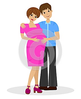 Young married couple in expectant of child on white background