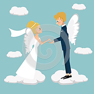 Young married couple fly in heaven vector cartoon