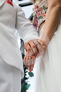 Young Married Couple Holding Hands, Ceremony Wedding Day