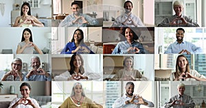 Young and mature people look at camera showing heart symbol