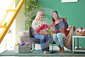 Young and mature women with knitting yarn sitting on sofa indoors