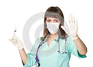 Young medical doctor or nurse making stop sign